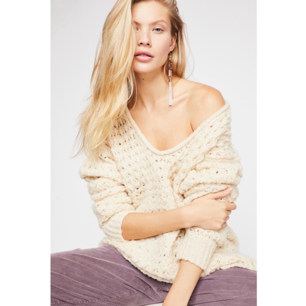 Free People Crashing Waves Wool Blend Pullover Cream Knit Sweater - Picture 3 of 16